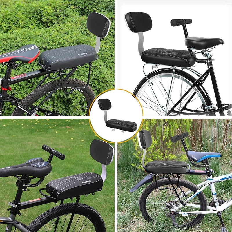 Laad afbeelding in Galerijviewer, fietszitje achter, zadel met zachte bekleding en rugleuning, voor peuters, kinderen, vrienden, leren bekleding, voor bevestiging op de bagagedrager (set 3)
