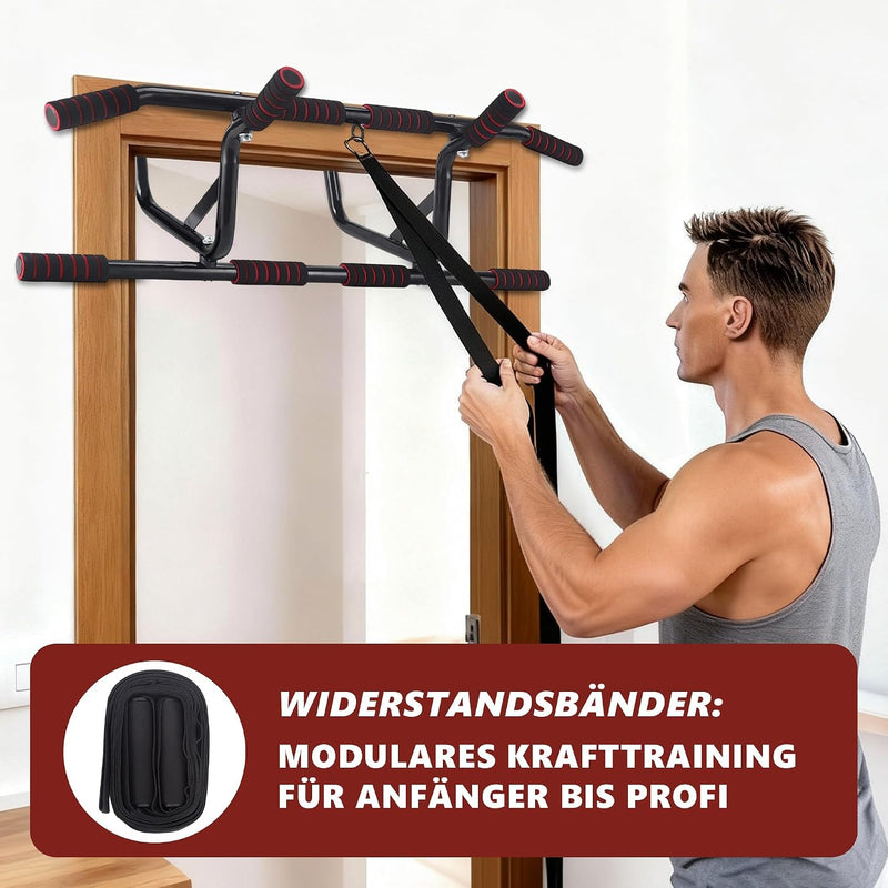 Laad afbeelding in Galerijviewer, Optrekstang voor deurkozijn zonder boren met meerdere gripposities rood – pull-up bar – krachttraining
