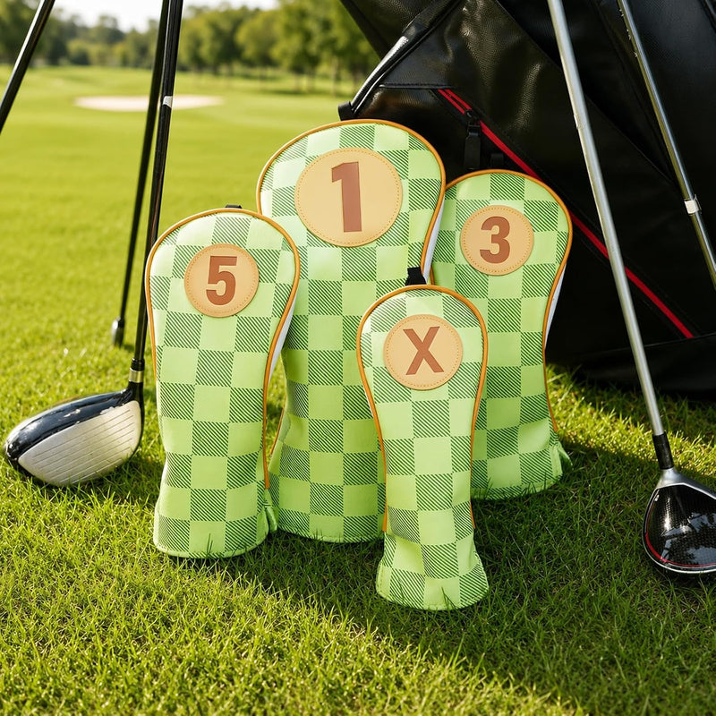 Laden Sie das Bild in Galerie -Viewer, Golfclub-Schutzhüllen, 4 Stück, mit Schachbrettmuster aus Kunstleder, für Driver, Fairwayholz und Hybrid – Golf-Cover – Clubhüllen
