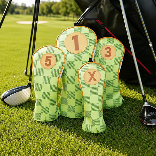 Golfclub-Schutzhüllen, 4 Stück, mit Schachbrettmuster aus Kunstleder, für Driver, Fairwayholz und Hybrid – Golf-Cover – Clubhüllen