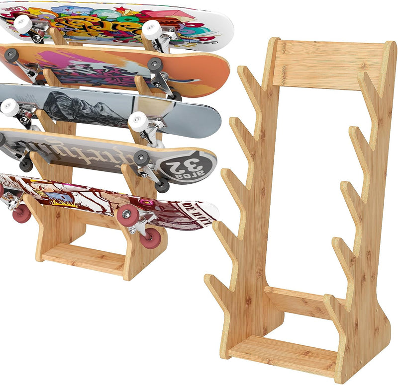 Chargez l'image dans la visionneuse de la galerie, Skateboard vloerrek van hout met 5 vakken – vrijstaande boardhouder – skateboard opbergrek

