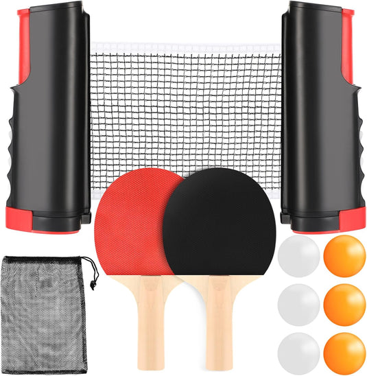 Ensemble de tennis de table avec filet rétractable de 175 cm, comprenant 2 raquettes et 6 balles - jeu de ping-pong - matériel de tennis de table