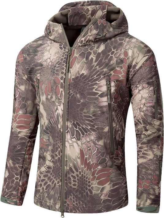 Camouflage tactische heren softshell jas met een bloemen camouflagepatroon in tinten van roze en grijs, voorzien van een zichtbare voorkant en zijzakken.