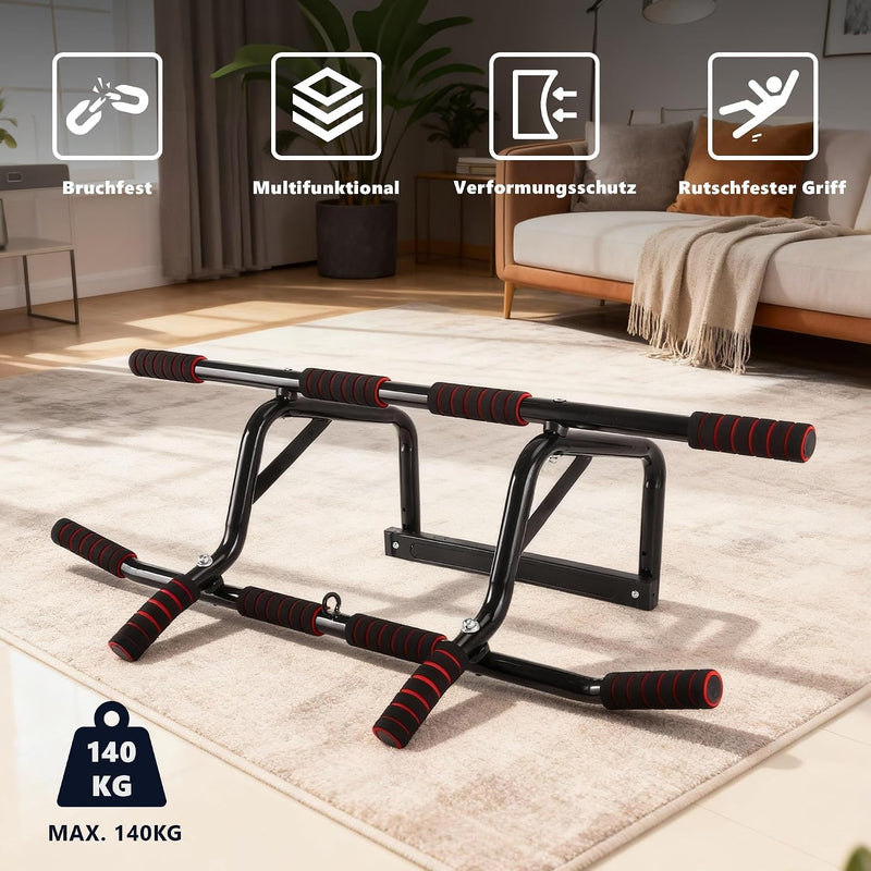 Laad afbeelding in Galerijviewer, Optrekstang voor deurkozijn zonder boren met meerdere gripposities rood – pull-up bar – krachttraining
