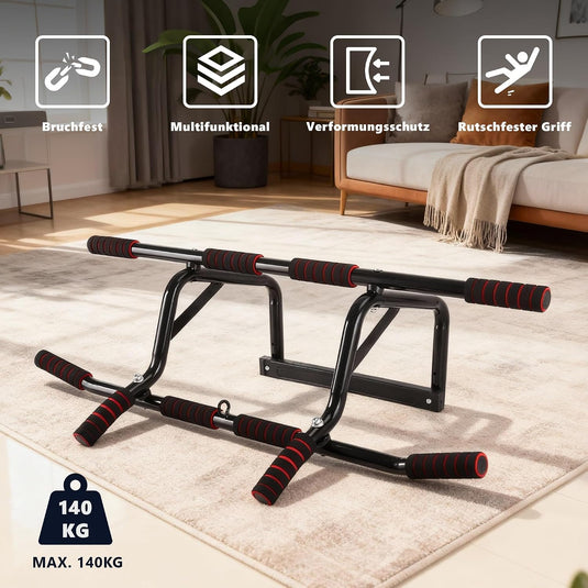 Optrekstang voor deurkozijn zonder boren met meerdere gripposities rood – pull-up bar – krachttraining