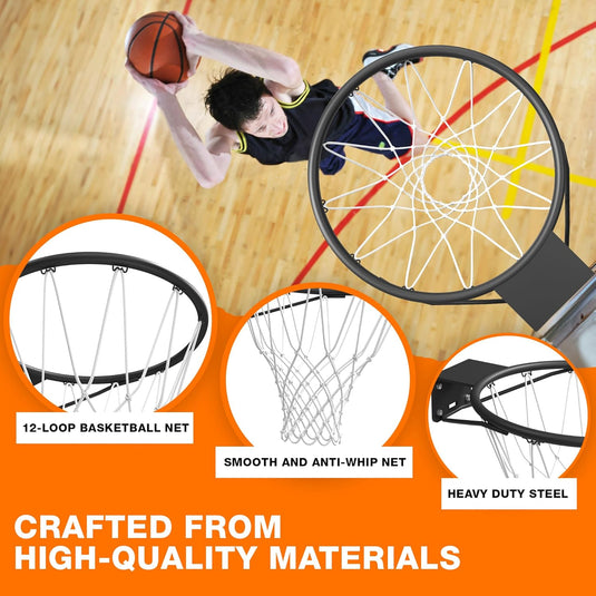 Officiële maat (45 cm) basketbal ring, net en muurbevestiging creolen. Geschikt voor volwassenen en kinderen