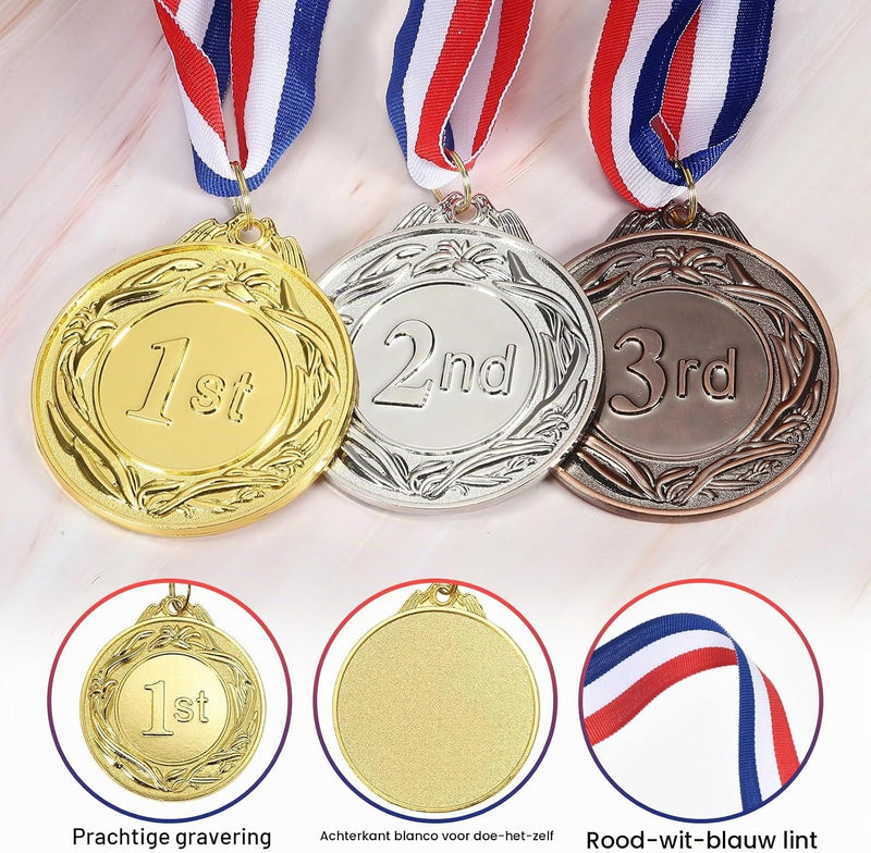 Załaduj obraz do przeglądarki galerii, Złote medale 3 sztuki 6,5 cm za 1. miejsce z tasiemką na szyję – medale sportowe – nagrody i trofea
