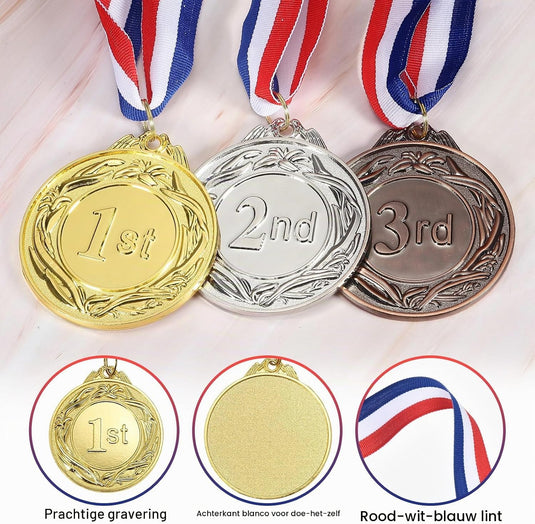 Złote medale 3 sztuki 6,5 cm za 1. miejsce z tasiemką na szyję – medale sportowe – nagrody i trofea