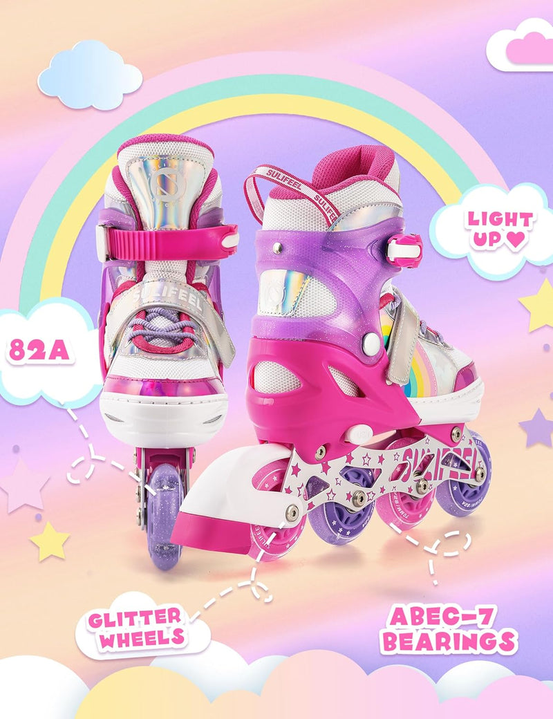 Load image into Gallery viewer, SULIFEEL Rainbow Unicorn Verstelbare zwarte rolschaatsen voor kinderen, met lichtgevende wielen, voor jongens
