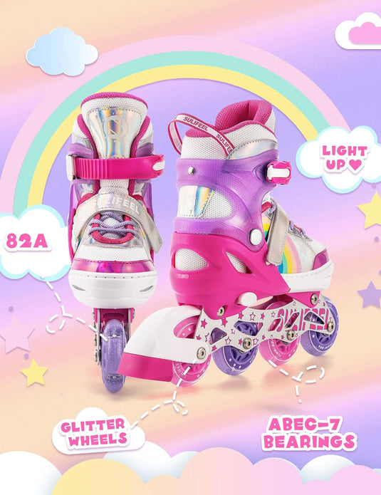 SULIFEEL Rainbow Unicorn Verstelbare zwarte rolschaatsen voor kinderen, met lichtgevende wielen, voor jongens