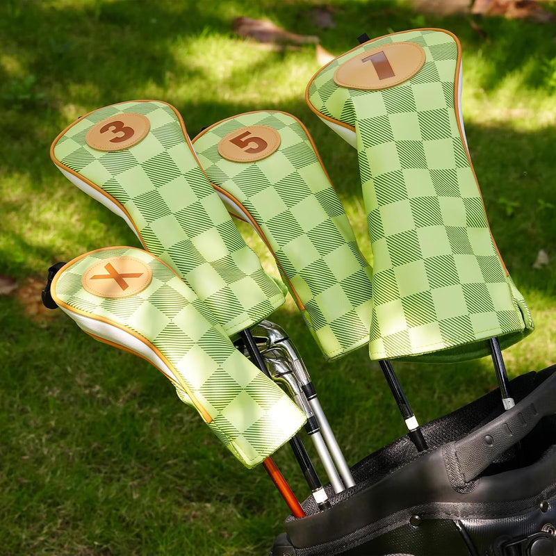 Laden Sie das Bild in Galerie -Viewer, Golfclub-Schutzhüllen, 4 Stück, mit Schachbrettmuster aus Kunstleder, für Driver, Fairwayholz und Hybrid – Golf-Cover – Clubhüllen
