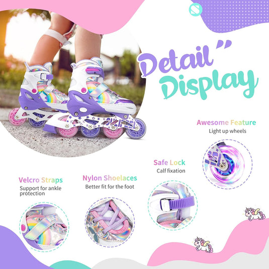 SULIFEEL Rainbow Unicorn Verstelbare zwarte rolschaatsen voor kinderen, met lichtgevende wielen, voor jongens
