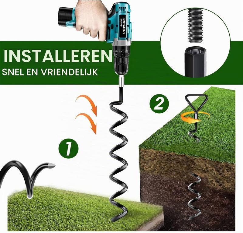 Załaduj obraz do przeglądarki galerii, Grondankers 4 stuks 40 cm met verstelbare riemen en booradapter – trampoline ankers – stormankers
