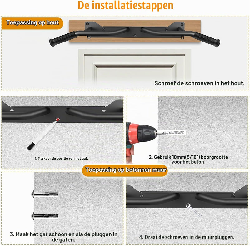Laad afbeelding in Galerijviewer, Wandgemonteerde optrekstang met meerdere gripposities tot 272 kg – pull-up bar – krachttraining
