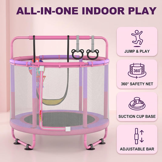 CZCPAPY Trampoline voor kinderen, outdoor trampoline voor binnen en buiten, met veiligheidsnet, mand, stangen, schommels, cadeau voor kinderen (roze-paars)