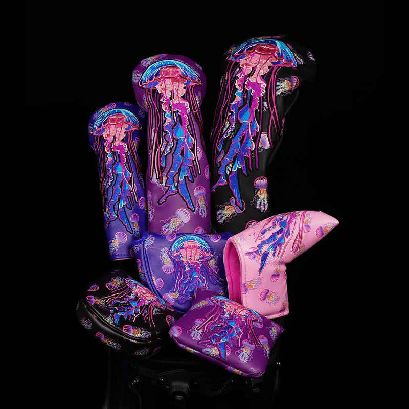 Laden Sie das Bild in Galerie -Viewer, Golfclub-Headcover mit farbenfroher Quallenstickerei für Driver, Fairwayholz und Hybrid – Golf-Headcover – Clubschützer
