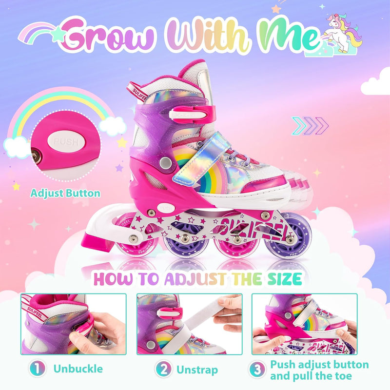 Load image into Gallery viewer, SULIFEEL Rainbow Unicorn Verstelbare zwarte rolschaatsen voor kinderen, met lichtgevende wielen, voor jongens
