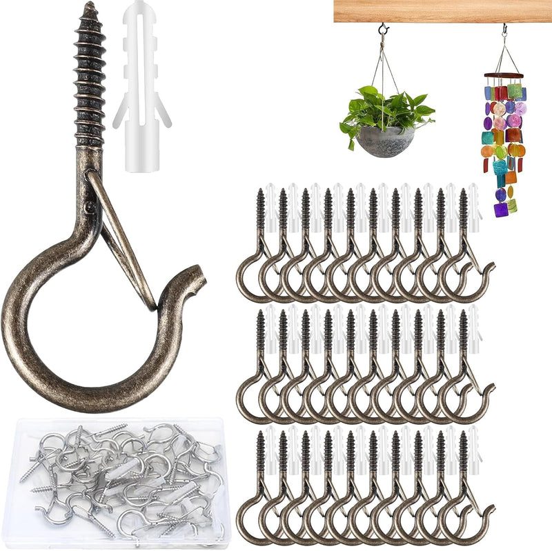 Laden Sie das Bild in Galerie -Viewer, 30 stuks schroefhaken, plafondhaken met veiligheidsgesp, metalen haken voor het ophangen van planten, vogelhuisjes, windgong, bevestiging van kerstverlichting buiten (Goud)
