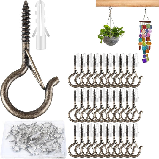 30 stuks schroefhaken, plafondhaken met veiligheidsgesp, metalen haken voor het ophangen van planten, vogelhuisjes, windgong, bevestiging van kerstverlichting buiten (Goud)