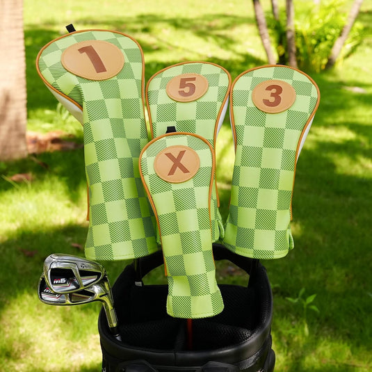 Golfclub-Schutzhüllen, 4 Stück, mit Schachbrettmuster aus Kunstleder, für Driver, Fairwayholz und Hybrid – Golf-Cover – Clubhüllen
