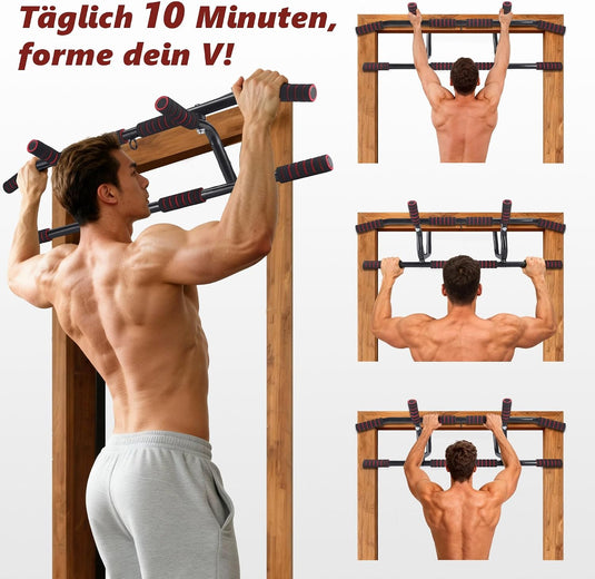Optrekstang voor deurkozijn zonder boren met meerdere gripposities rood – pull-up bar – krachttraining