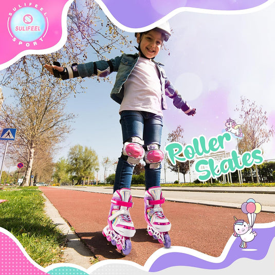 SULIFEEL Rainbow Unicorn Verstelbare zwarte rolschaatsen voor kinderen, met lichtgevende wielen, voor jongens
