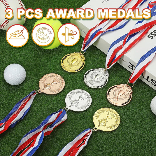 Gouden medailles met neklint 3 stuks 5,8 x 5,2 cm – winnaarsmedailles – sport en wedstrijd prijzen