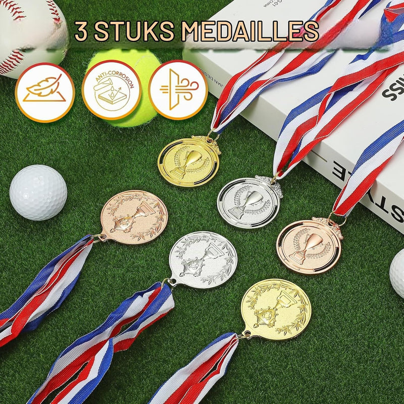 Load image into Gallery viewer, Gouden medailles met neklint 3 stuks 5,8 x 5,2 cm – winnaarsmedailles – sport en wedstrijd prijzen

