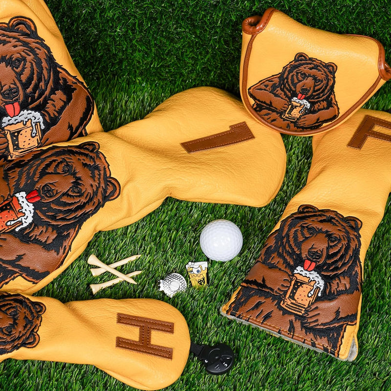 Chargez l'image dans la visionneuse de la galerie, Golfclub beschermhoes met bierdrinkende beer borduurwerk voor drivers tot 460cc – driver headcover – golfartikelen
