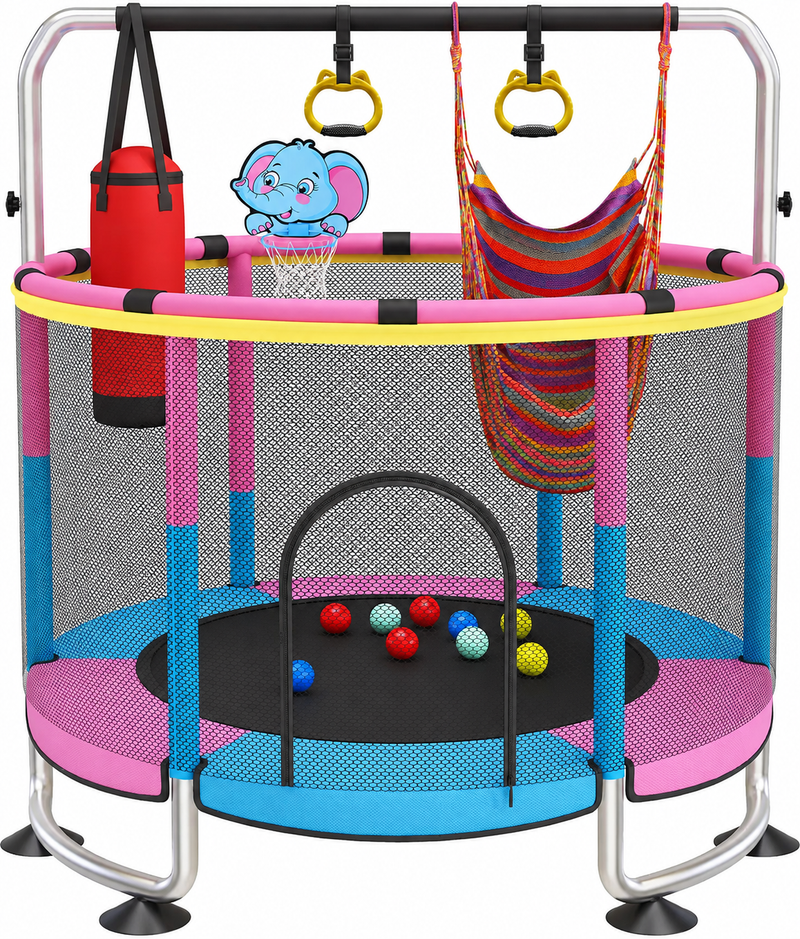 Laden Sie das Bild in Galerie -Viewer, Kindertrampoline 150 cm met veiligheidsnet schommel en basketbalmand roze – trampoline – indoor outdoor
