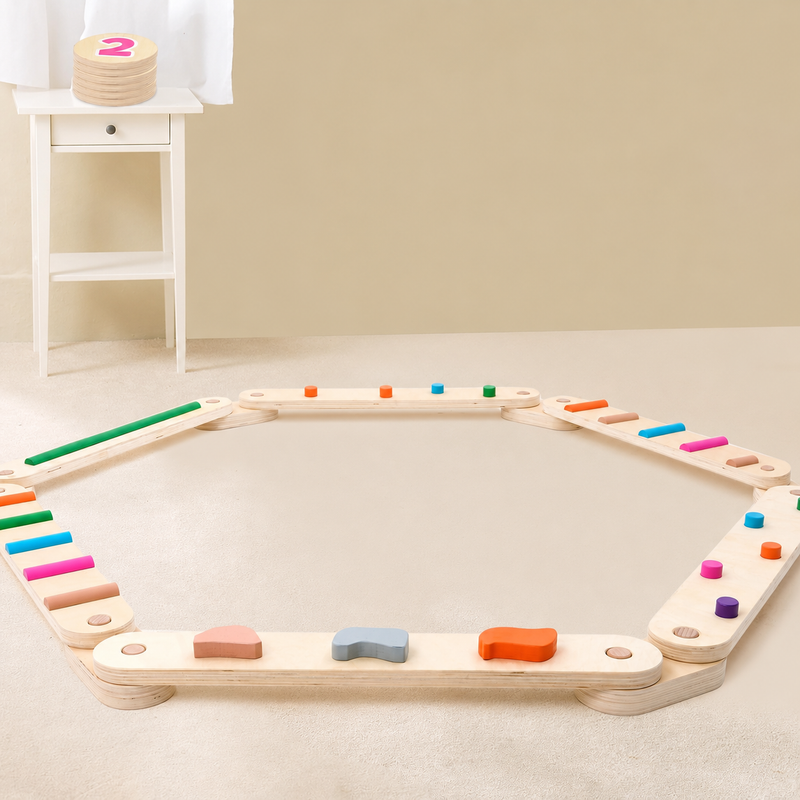 Laden Sie das Bild in Galerie -Viewer, Montessori evenwichtsbalk voor kinderen met 6 balansstenen – houten balansparcours – motoriek speelgoed – balanstraining

