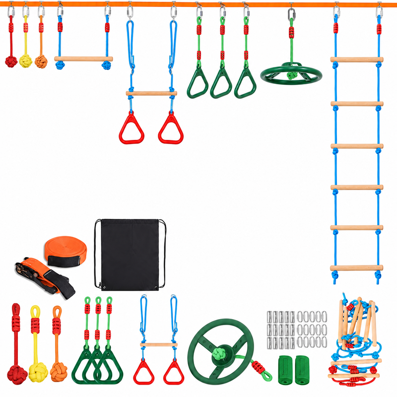 Charger l’image dans la visionneuse de galerie, Kit de slackline pour enfants, parcours d’obstacles ninja de 15 m pour filles et garçons, comprenant des échelles, des nœuds de corde, des roues ninja, des anneaux de suspension, des échelles d’escalade, etc.
