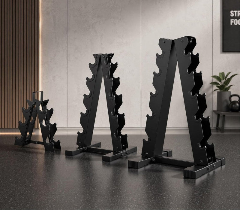 Laad afbeelding in Galerijviewer, A-frame halterrek zwart voor 5 paar dumbbells - happygetfit.com
