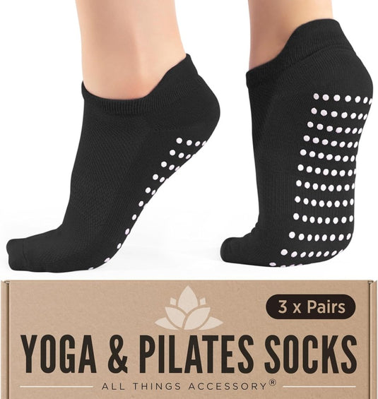 All Things Accessory Pilates Grip Socks for Women, Non-Slip Socks with Grippers for Yoga Barre Hospital, 3 Pairs Size 6-10 (Black) - happygetfit.com