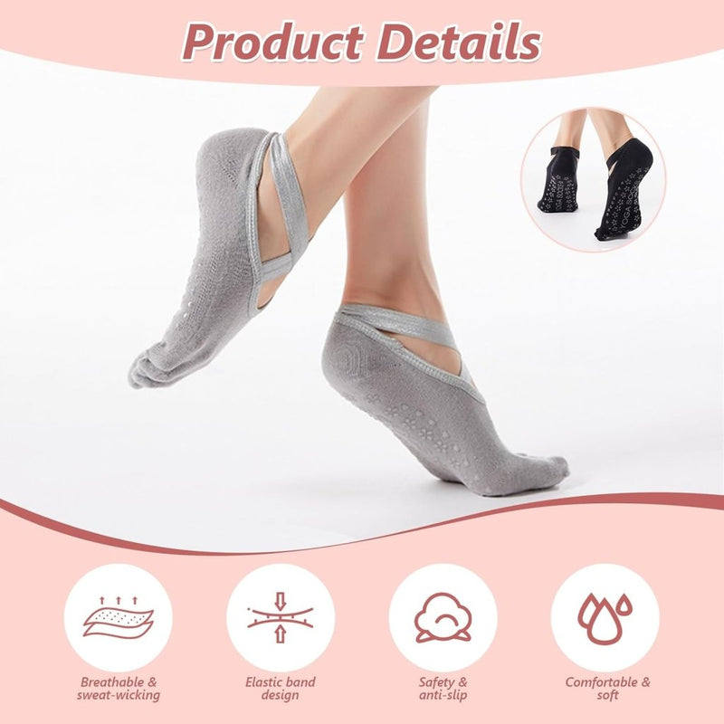 Laad afbeelding in Galerijviewer, Antislip yogasokken 4 paar van ademend katoen met gekruiste bandjes en siliconen grip voor pilates en ballet – danssokken – barre sokken - happygetfit.com
