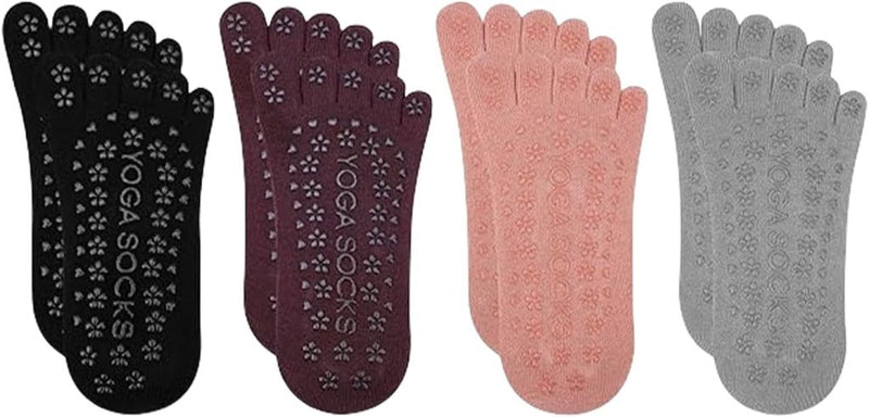 Laad afbeelding in Galerijviewer, Antislip yogasokken 4 paar van ademend katoen met gekruiste bandjes en siliconen grip voor pilates en ballet – danssokken – barre sokken - happygetfit.com
