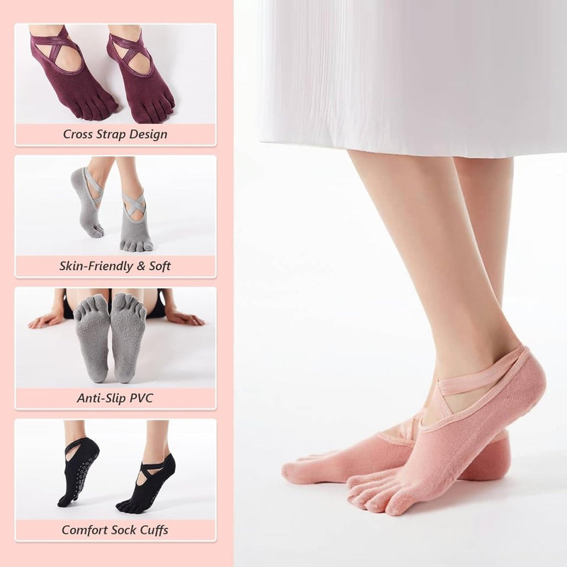 Laad afbeelding in Galerijviewer, Antislip yogasokken 4 paar van ademend katoen met gekruiste bandjes en siliconen grip voor pilates en ballet – danssokken – barre sokken - happygetfit.com
