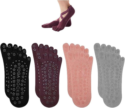 Antislip yogasokken 4 paar van ademend katoen met gekruiste bandjes en siliconen grip voor pilates en ballet – danssokken – barre sokken - happygetfit.com