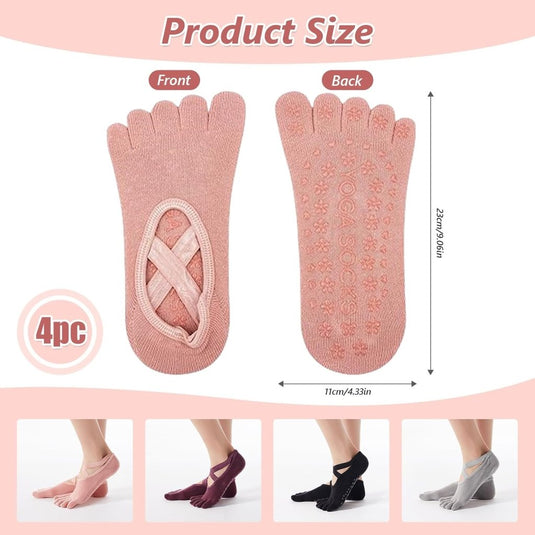 Antislip yogasokken 4 paar van ademend katoen met gekruiste bandjes en siliconen grip voor pilates en ballet – danssokken – barre sokken - happygetfit.com