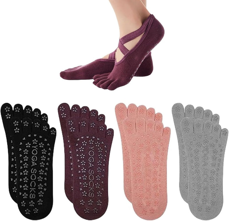 Laad afbeelding in Galerijviewer, Antislip yogasokken 4 paar van ademend katoen met gekruiste bandjes en siliconen grip voor pilates en ballet – danssokken – barre sokken - happygetfit.com
