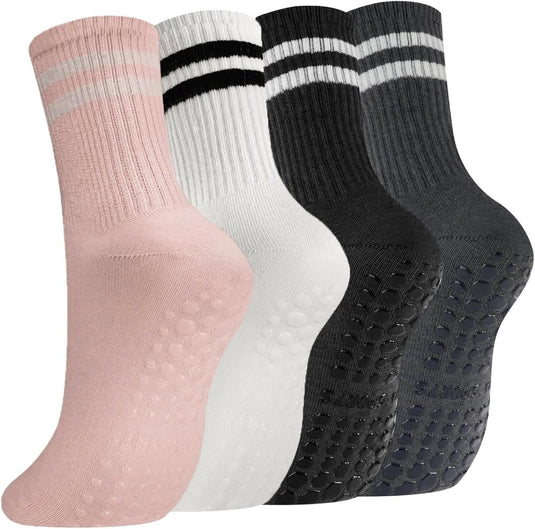 Antislip yogasokken 4 paar van ademend katoen met siliconen grip en dubbele strepen voor pilates en dansen – gripsokken – balletslokken - happygetfit.com