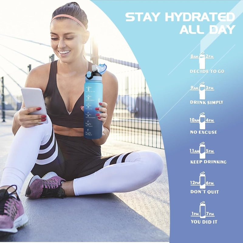 Load image into Gallery viewer, AOHAN 32 oz Water Bottles with Time Marker BPA Free Sport Drinking Bottle with Straw, Dishwasher Safe Lock Cover Leakproof Motivational Water Bottle Non-Toxic Canteen Bottle (Haze Blue) - happygetfit.com
