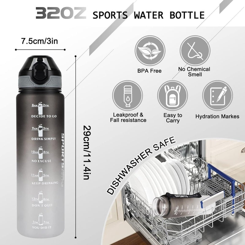 Laad afbeelding in Galerijviewer, AOHAN 32 oz Water Bottles with Time Marker BPA Free Sport Drinking Bottle with Straw, Dishwasher Safe Lock Cover Leakproof Motivational Water Bottle Non-Toxic Canteen Bottle (Black Grey) - happygetfit.com
