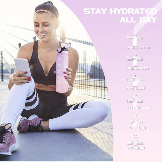 AOHAN 32 oz Water Bottles with Time Marker BPA Free Sport Drinking Bottle with Straw, Dishwasher Safe Lock Cover Leakproof Motivational Water Bottle Non-Toxic Canteen Bottle (Purple Pink) - happygetfit.com