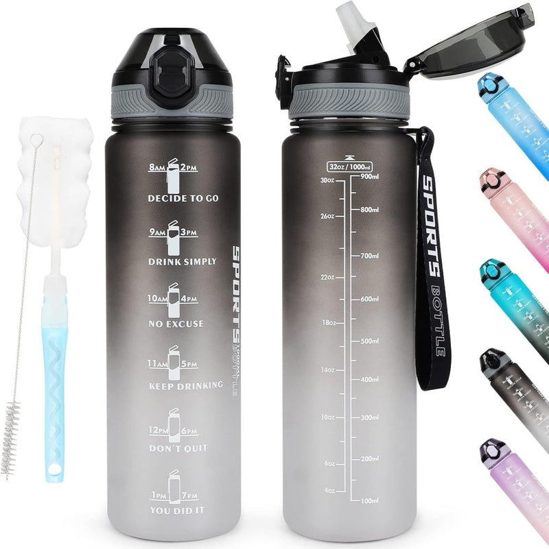 Laad afbeelding in Galerijviewer, AOHAN 32 oz Water Bottles with Time Marker BPA Free Sport Drinking Bottle with Straw, Dishwasher Safe Lock Cover Leakproof Motivational Water Bottle Non-Toxic Canteen Bottle (Black Grey) - happygetfit.com
