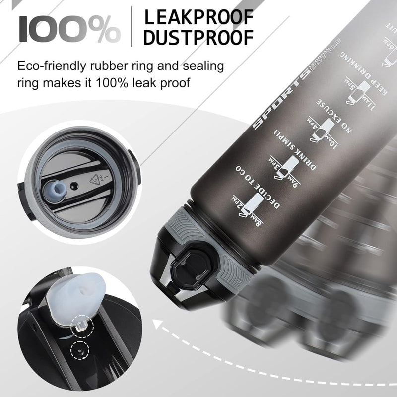 Laad afbeelding in Galerijviewer, AOHAN 32 oz Water Bottles with Time Marker BPA Free Sport Drinking Bottle with Straw, Dishwasher Safe Lock Cover Leakproof Motivational Water Bottle Non-Toxic Canteen Bottle (Black Grey) - happygetfit.com
