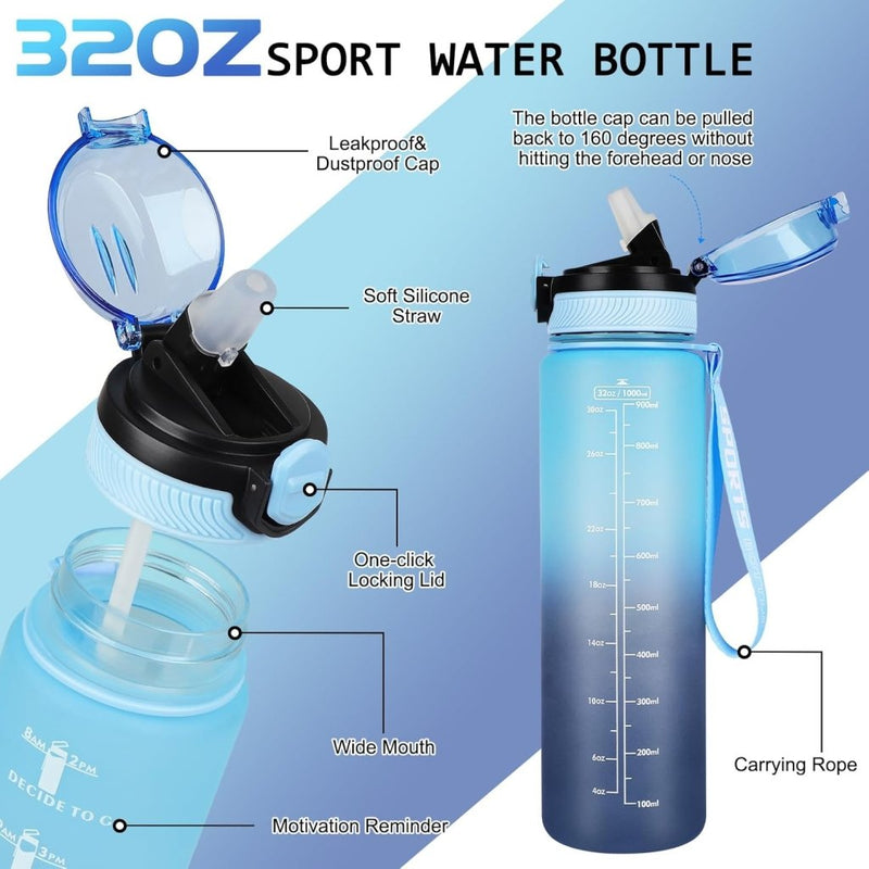 Load image into Gallery viewer, AOHAN 32 oz Water Bottles with Time Marker BPA Free Sport Drinking Bottle with Straw, Dishwasher Safe Lock Cover Leakproof Motivational Water Bottle Non-Toxic Canteen Bottle (Haze Blue) - happygetfit.com
