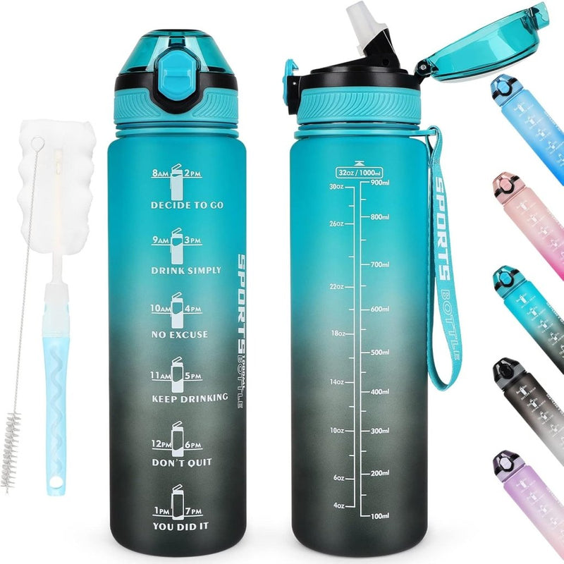 Load image into Gallery viewer, AOHAN 32 oz Water Bottles with Time Marker BPA Free Sport Drinking Bottle with Straw, Dishwasher Safe Lock Cover Leakproof Motivational Water Bottle Non-Toxic Canteen Bottle (Green Black) - happygetfit.com
