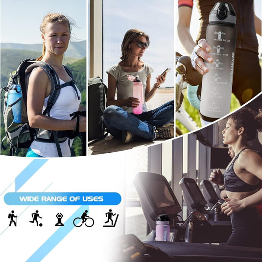 AOHAN 32 oz Water Bottles with Time Marker BPA Free Sport Drinking Bottle with Straw, Dishwasher Safe Lock Cover Leakproof Motivational Water Bottle Non-Toxic Canteen Bottle (Blue) - happygetfit.com