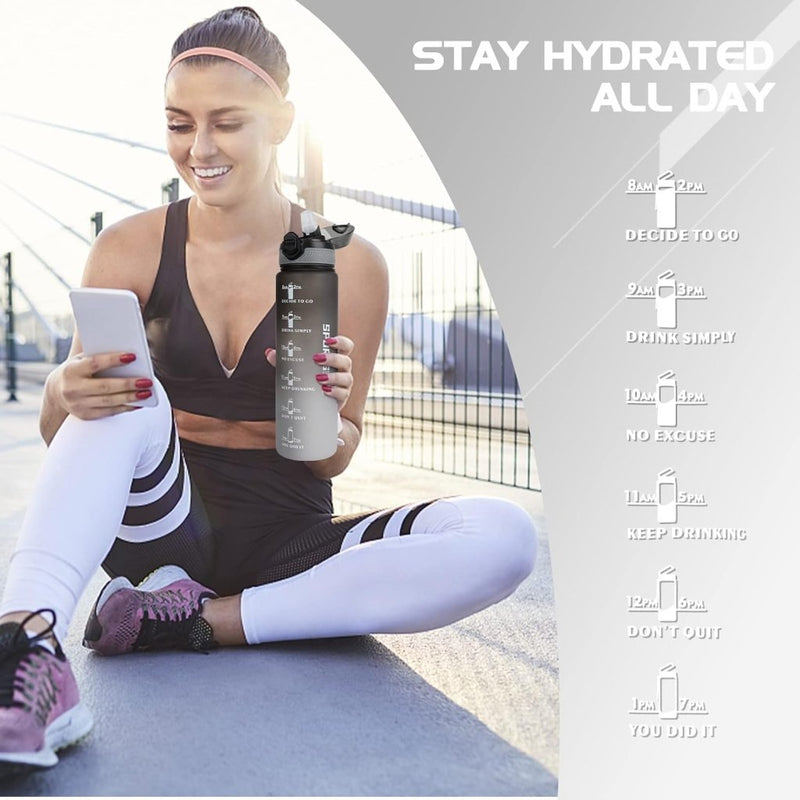 Laad afbeelding in Galerijviewer, AOHAN 32 oz Water Bottles with Time Marker BPA Free Sport Drinking Bottle with Straw, Dishwasher Safe Lock Cover Leakproof Motivational Water Bottle Non-Toxic Canteen Bottle (Black Grey) - happygetfit.com
